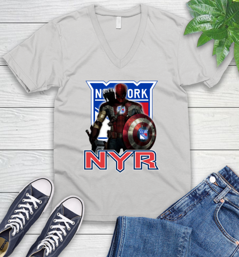 NHL Captain America Thor Spider Man Hawkeye Avengers Endgame Hockey New York Rangers V-Neck T-Shirt