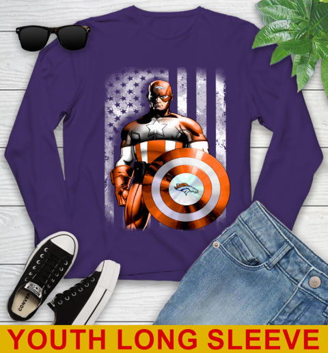 Denver Broncos NFL Football Captain America Marvel Avengers American Flag Shirt Youth Long Sleeve 4