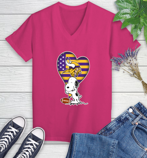 Minnesota Vikings NFL Football The Peanuts Movie Adorable Snoopy Women's V-Neck T-Shirt 9