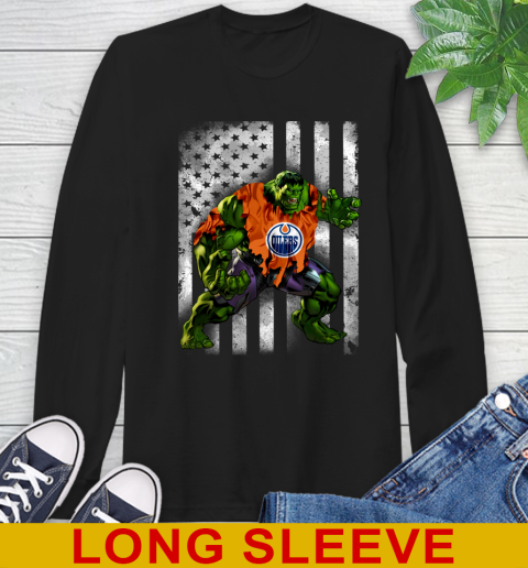 Edmonton Oilers Hulk Marvel Avengers NHL Hockey American Flag Long Sleeve T-Shirt