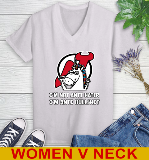 New Jersey Devils NHL Hockey Unicorn I'm Not Anti Hater I'm Anti Bullshit Women's V-Neck T-Shirt