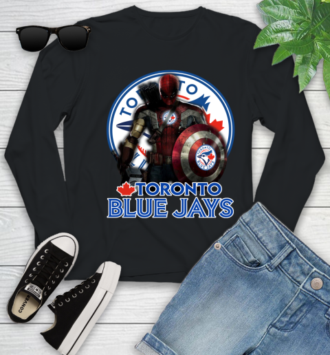MLB Captain America Thor Spider Man Hawkeye Avengers Endgame Baseball Toronto Blue Jays Youth Long Sleeve 2