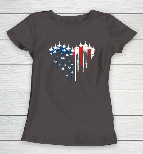 Retro Fighter Jet Airplane American Flag Heart 4th Of July Women's T-Shirt 5