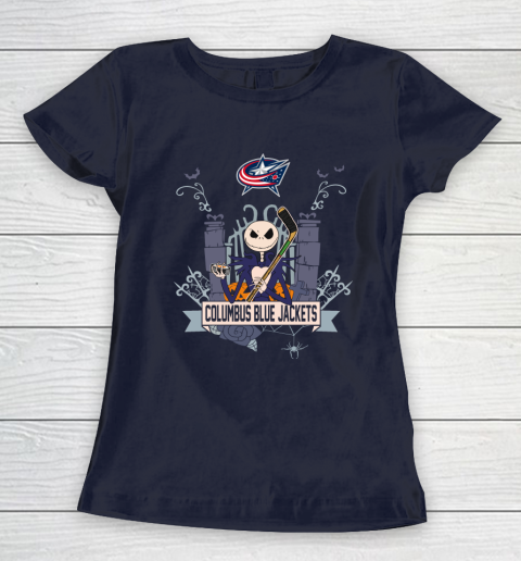 NHL Columbus Blue Jackets Hockey Jack Skellington Halloween Women's T-Shirt 2