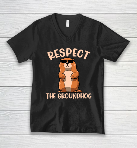 Respect The Groundhog Shirt Funny Woodchuck Groundhog Day T Shirt (1) V-Neck T-Shirt