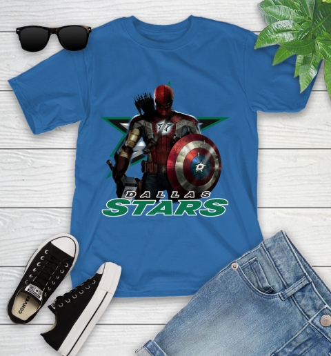 NHL Captain America Thor Spider Man Hawkeye Avengers Endgame Hockey Dallas Stars Youth T-Shirt 9