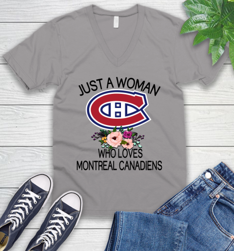 NHL Just A Woman Who Loves Montreal Canadiens Hockey Sports V-Neck T-Shirt 2