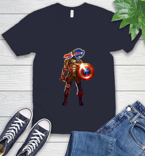 NFL Captain America Marvel Avengers Endgame Football Sports Buffalo Bills V-Neck T-Shirt 3