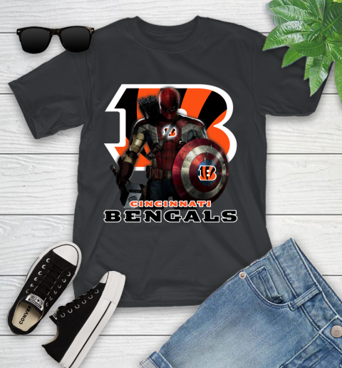 NFL Captain America Thor Spider Man Hawkeye Avengers Endgame Football Cincinnati Bengals Youth T-Shirt 2