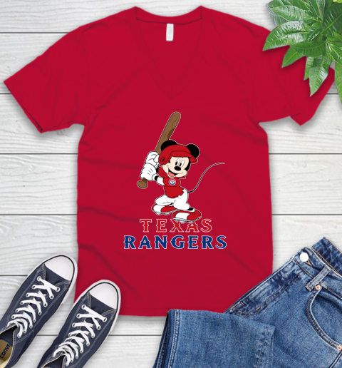 MLB Baseball Texas Rangers Cheerful Mickey Mouse Shirt V-Neck T-Shirt 7