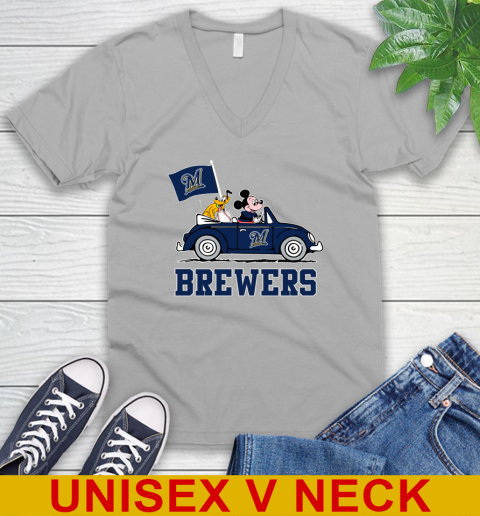 MLB Baseball Milwaukee Brewers Pluto Mickey Driving Disney Shirt V-Neck T-Shirt 4