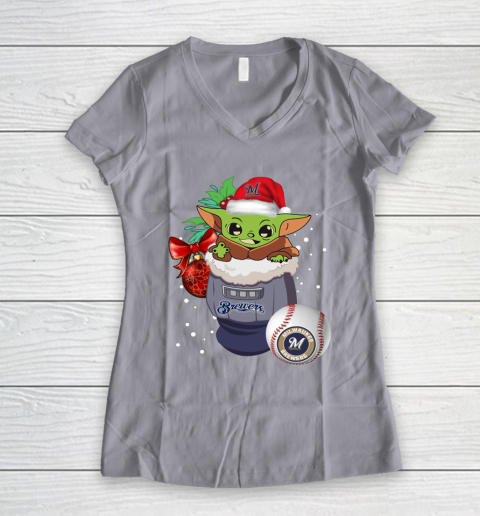 Milwaukee Brewers Christmas Baby Yoda Star Wars Funny Happy MLB Women's V-Neck T-Shirt 4