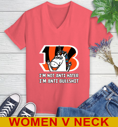 Cincinnati Bengals NFL Football Unicorn I'm Not Anti Hater I'm Anti Bullshit Women's V-Neck T-Shirt 7