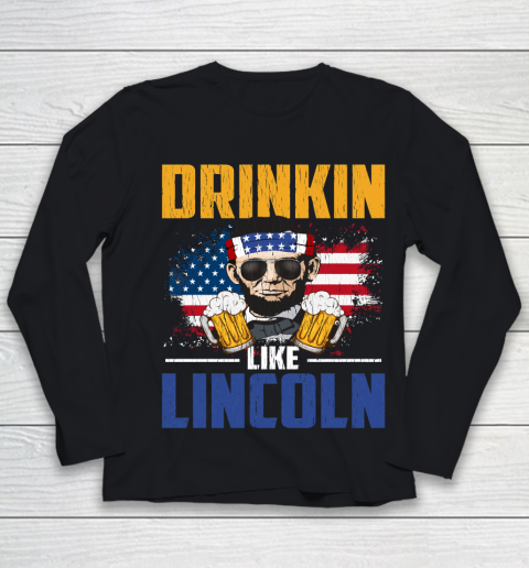 Beer Lover Funny Shirt Retro Abe Drinkin Patriotic US Flag Lincoln Beer Youth Long Sleeve