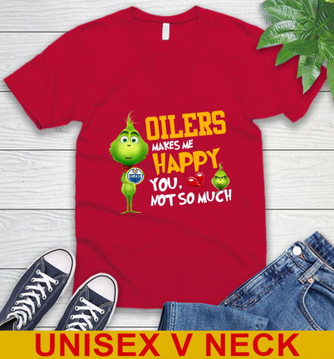 NHL Edmonton Oilers Makes Me Happy You Not So Much Grinch Hockey Sports V-Neck T-Shirt - Image 7
