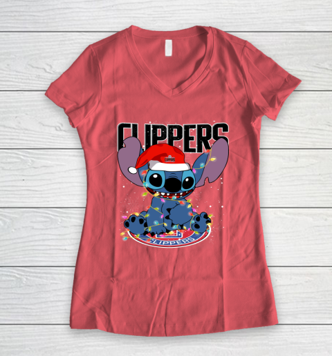 LA Clippers NBA noel stitch Basketball Christmas Women's V-Neck T-Shirt 3