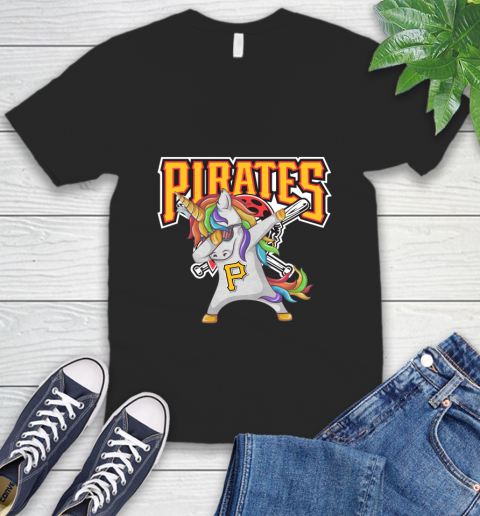 Pittsburgh Pirates MLB Baseball Funny Unicorn Dabbing Sports V-Neck T-Shirt 2