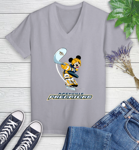 NHL Hockey Nashville Predators Cheerful Mickey Mouse Shirt Women's V-Neck T-Shirt 4