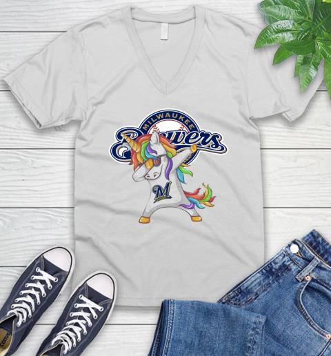 Milwaukee Brewers MLB Baseball Funny Unicorn Dabbing Sports V-Neck T-Shirt