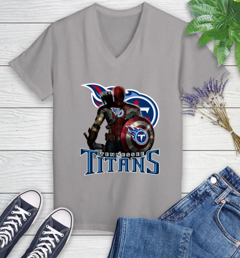 NFL Captain America Thor Spider Man Hawkeye Avengers Endgame Football Tennessee Titans Women's V-Neck T-Shirt 4