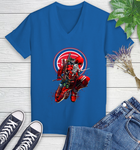 NBA Deadpool Marvel Comics Sports Basketball Detroit Pistons Women's V-Neck T-Shirt 10