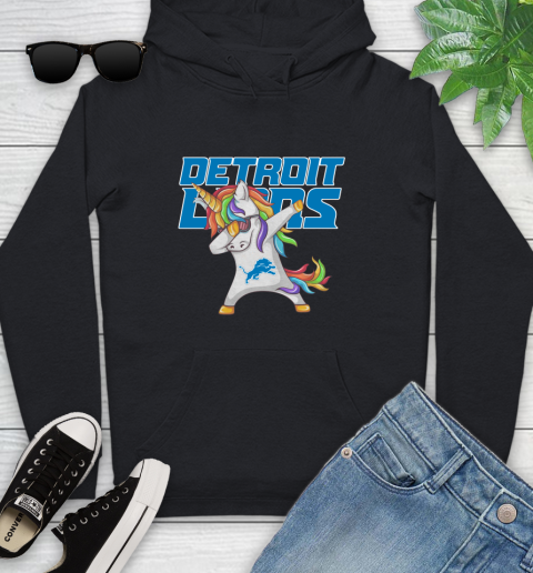 Detroit Lions NFL Football Funny Unicorn Dabbing Sports Youth Hoodie 2