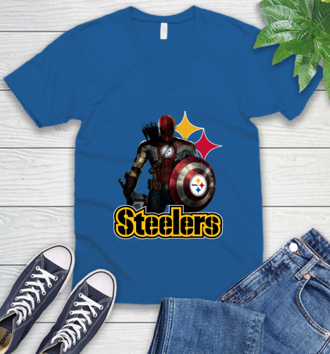 NFL Captain America Thor Spider Man Hawkeye Avengers Endgame Football Pittsburgh Steelers V-Neck T-Shirt 6