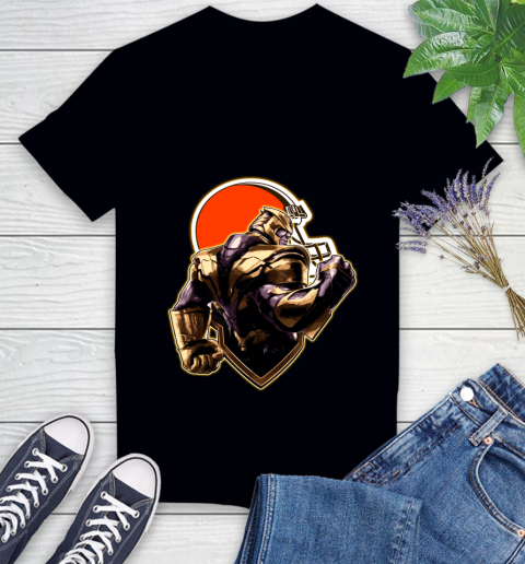 NFL Thanos Avengers Endgame Football Sports Cleveland Browns Women's V-Neck T-Shirt 2