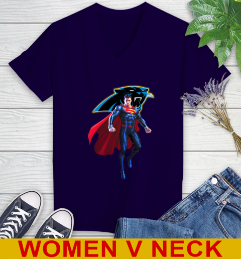 NFL Superman DC Sports Football Carolina Panthers Women's V-Neck T-Shirt 4
