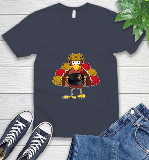 Ottawa Senators Turkey Thanksgiving Day V-Neck T-Shirt 9
