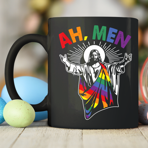 Ah Men Funny LGBT Gay Pride Jesus Rainbow Flag Christian Ceramic Mug 11oz 2