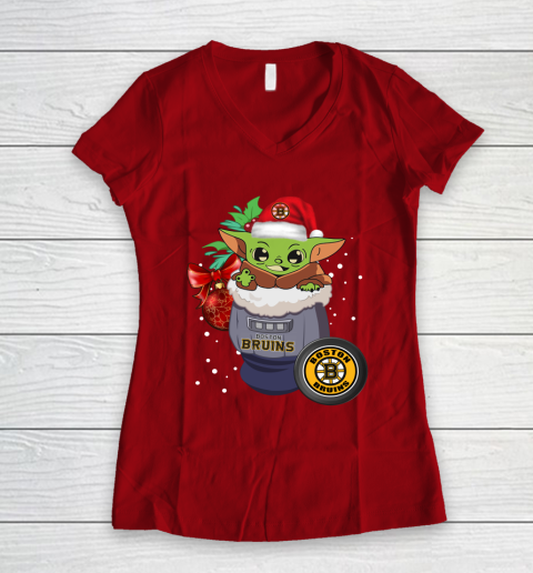 Boston Bruins Christmas Baby Yoda Star Wars Funny Happy NHL Women's V-Neck T-Shirt 10