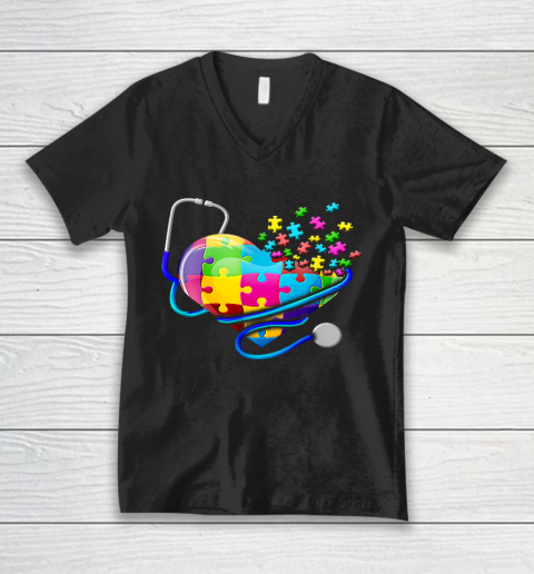 Funny Nurse Autism Puzzle Stethoscope Heart V-Neck T-Shirt