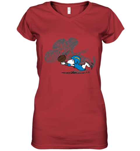 24xj los angeles chargers snoopy plays the football game women v neck t shirt 39 front red