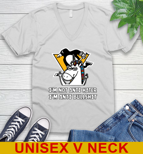 Pittsburgh Penguins NHL Hockey Unicorn I'm Not Anti Hater I'm Anti Bullshit V-Neck T-Shirt