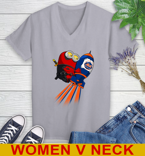 MLB Baseball New York Mets Deadpool Minion Marvel Shirt Women's V-Neck T-Shirt 4