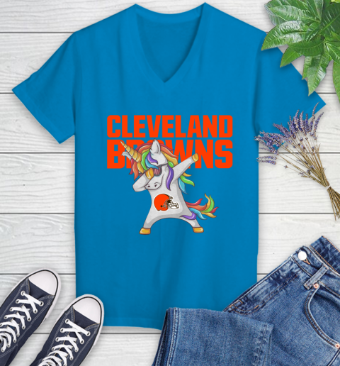 Cleveland Browns NFL Football Funny Unicorn Dabbing Sports Women's V-Neck T-Shirt 7