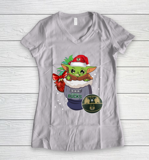 Milwaukee Bucks Christmas Baby Yoda Star Wars Funny Happy NBA Women's V-Neck T-Shirt 2