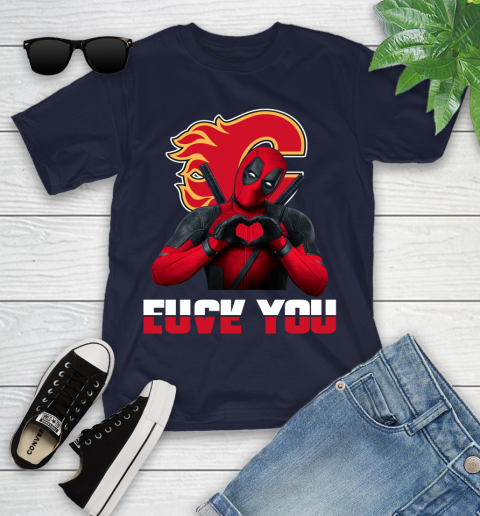 NHL Calgary Flames Deadpool Love You Fuck You Hockey Sports Youth T-Shirt 2