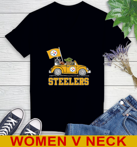 NFL Football Pittsburgh Steelers Darth Vader Baby Yoda Driving Star Wars Shirt Women's V-Neck T-Shirt 2