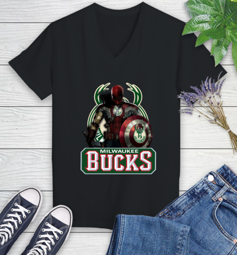 Milwaukee Bucks NBA Basketball Captain America Thor Spider Man Hawkeye Avengers Women's V-Neck T-Shirt 2