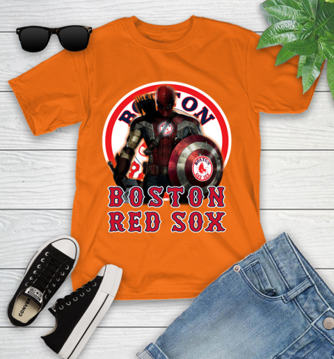 MLB Captain America Thor Spider Man Hawkeye Avengers Endgame Baseball Boston Red Sox Youth T-Shirt 7