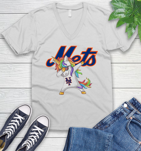 New York Mets MLB Baseball Funny Unicorn Dabbing Sports V-Neck T-Shirt