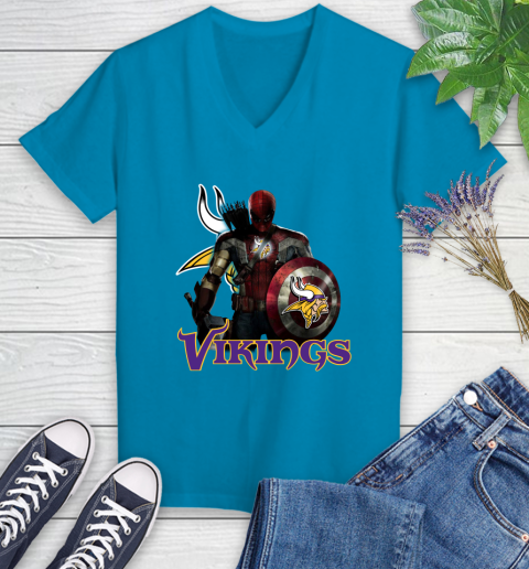 NFL Captain America Thor Spider Man Hawkeye Avengers Endgame Football Minnesota Vikings Women's V-Neck T-Shirt 7
