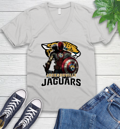 NFL Captain America Thor Spider Man Hawkeye Avengers Endgame Football Jacksonville Jaguars V-Neck T-Shirt