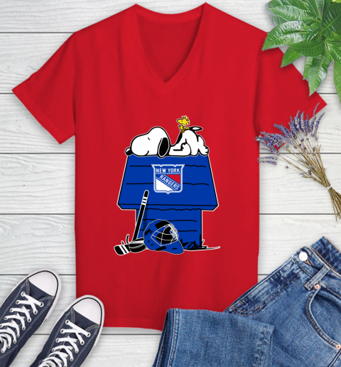 New York Rangers NHL Hockey Snoopy Woodstock The Peanuts Movie Women's V-Neck T-Shirt 12