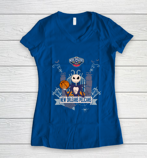 NBA New Orleans Pelicans Basketball Jack Skellington Halloween Women's V-Neck T-Shirt 7