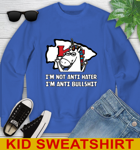 Kansas City Chiefs NFL Football Unicorn I'm Not Anti Hater I'm Anti Bullshit Youth Sweatshirt 7