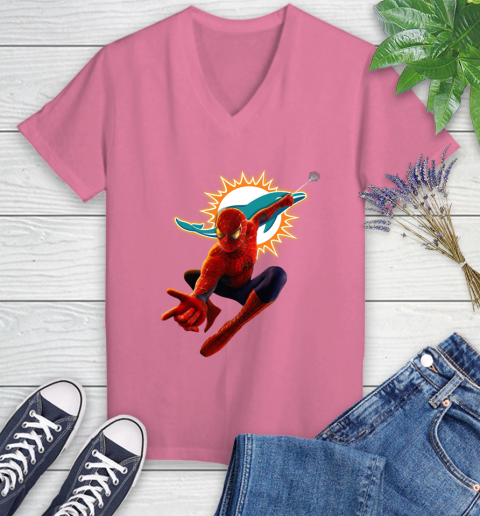 NFL Spider Man Avengers Endgame Football Miami Dolphins Women's V-Neck T-Shirt 13