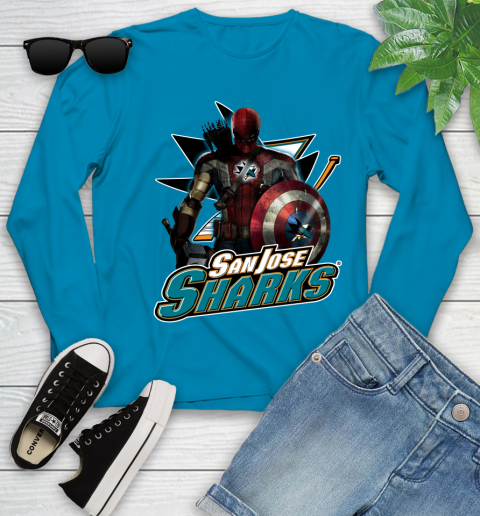 NHL Captain America Thor Spider Man Hawkeye Avengers Endgame Hockey San Jose Sharks Youth Long Sleeve 7